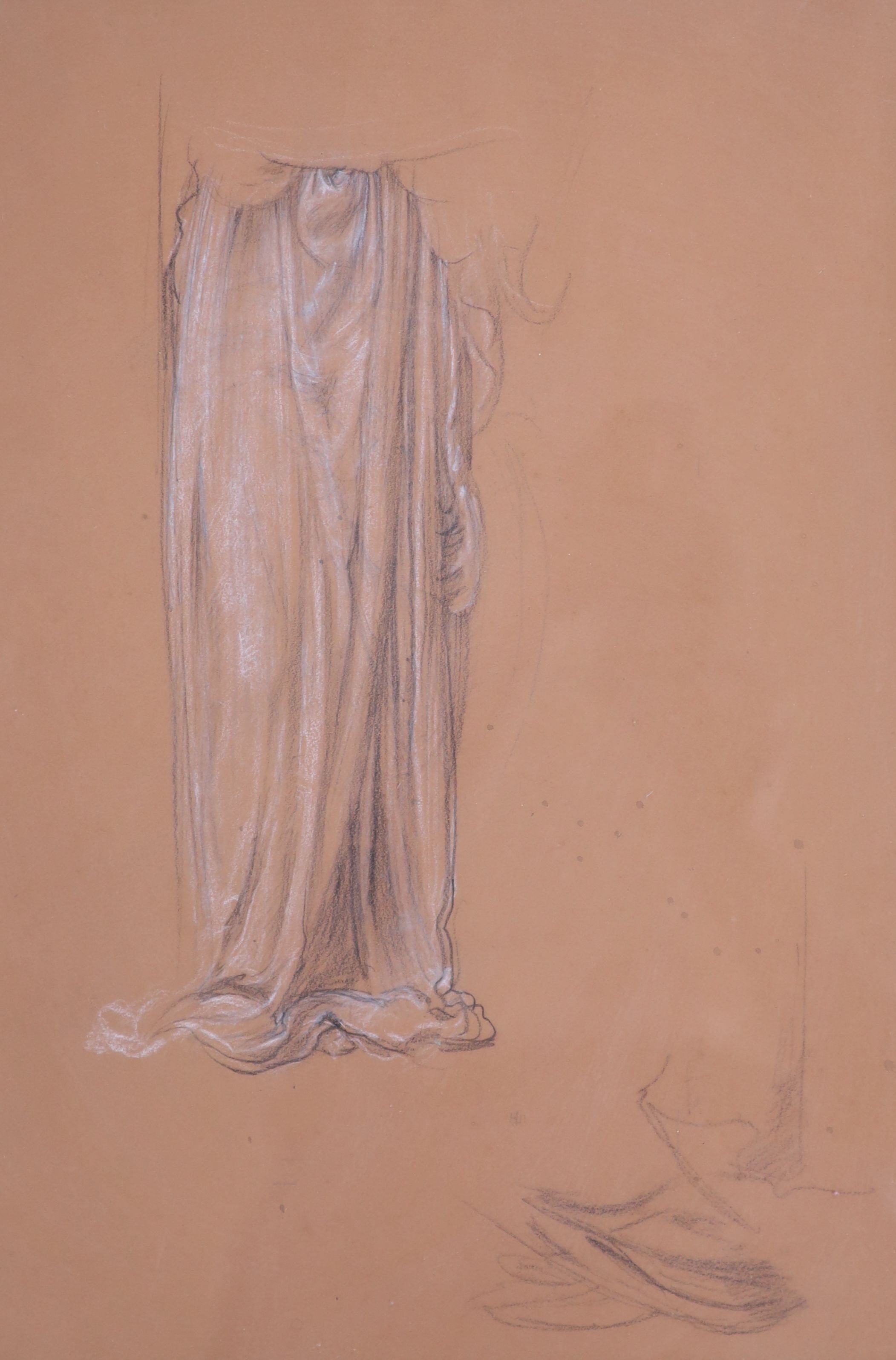 Attributed to Sir Edward Poynter (1826-1919), charcoal and chalk on sanguine paper, Study of drapery, 42 x 29cm